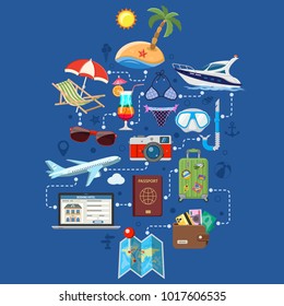 Vacation and Tourism Infographics with Flat Icons Planning, Booking, Luggage, Trip, Cocktail, Island, Aircraft and Suitcase. Isolated vector illustration