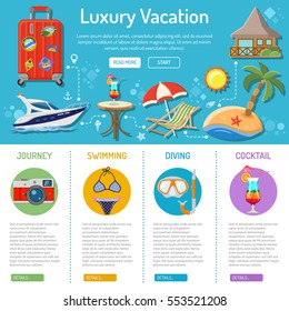 Vacation and Tourism infographics with Flat Icons like Boat, Island, Cocktail and suitcase. vector illustration