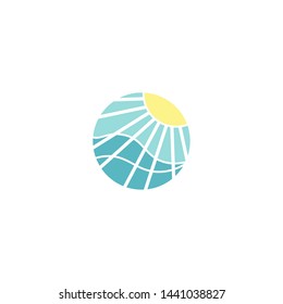 Vacation, tourism logo. sun with rays, sky and ocean waves in circle. label isolated on white. Vector flat  illustration. Holidays, journey, tropical vacation icon.
