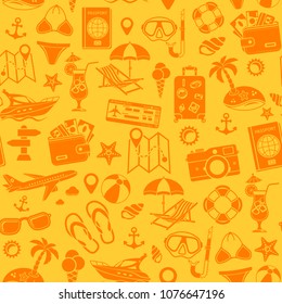 Vacation and Tourism Seamless Pattern with Flat Icon Set for Mobile Applications, Web Site, Advertising like Boat, Cocktail, Island, Aircraft and Suitcase. Isolated vector illustration