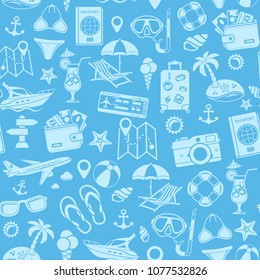 Vacation and Tourism Seamless Pattern with Flat Icon Set for Mobile Applications, Web Site, Advertising like Boat, Cocktail, Island, Aircraft and Suitcase. Isolated vector illustration