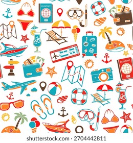 Vacation and Tourism Seamless Pattern with Flat Icon Set for Mobile Applications, Web Site, Advertising like Boat, Cocktail, Island, Aircraft and Suitcase.