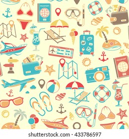 Vacation and Tourism Seamless Pattern with Flat Icon Set for Mobile Applications, Web Site, Advertising like Boat, Cocktail, Island, Aircraft and Suitcase.