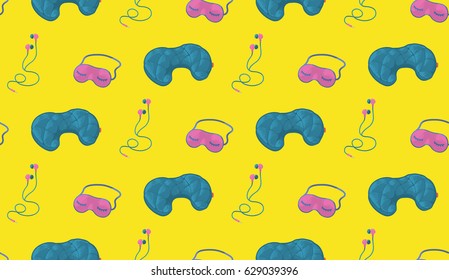 Vacation and Tourism Seamless Pattern on yellow background . For a  travel agency service, air trip around a world, tourism and leisure traveling. 