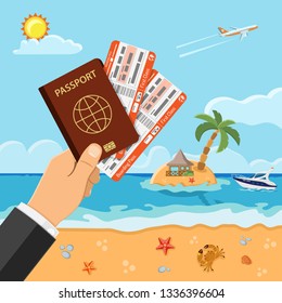 Vacation, Tourism, Summer Concept with Flat Icons for Web Site, Advertising like Hand with Passport and airplane tickets, beach, island, bungalows and palm trees, boat. vector illustration
