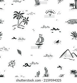 Vacation and Tourism Theme. Summer Seascape Seamless Pattern. Palm trees silhouettes , Islands, Sea waves, Sailboats, Tropical Plants and Sunny Dawn. Black and White Background Vector illustration.