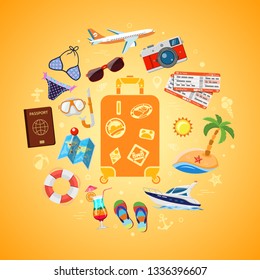 Vacation, Tourism, travel and Summer Concept with Flat Icons for Web Site, Advertising like suitcase with passport, map, boat, camera and diving mask. Isolated vector illustration