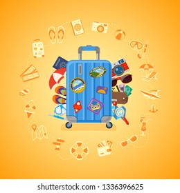Vacation, Tourism, travel and Summer Concept with Flat Icons for Web Site, Advertising like suitcase with passport, map, wallet, camera and diving mask. Isolated vector illustration
