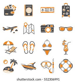 Vacation and Tourism two color Icons Set with tickets, boat, cocktail, island and deck chair Isolated vector illustration