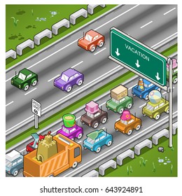 Vacation traffic jam on highway (isometric top view)
