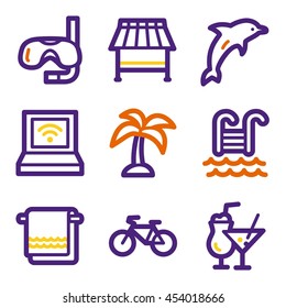 Iconos móviles vectoriales de vacaciones y transporte, símbolos de infografía turística.