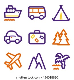 Iconos móviles vectoriales de vacaciones y transporte, símbolos de infografía turística.