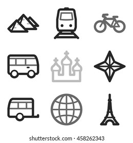 Iconos móviles vectoriales de vacaciones y transporte, símbolos de infografía turística.