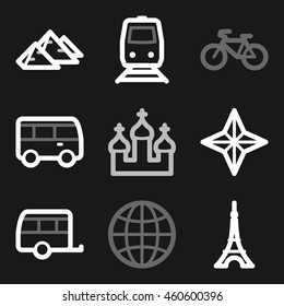 Iconos móviles vectoriales de vacaciones y transporte, símbolos de infografía turística.