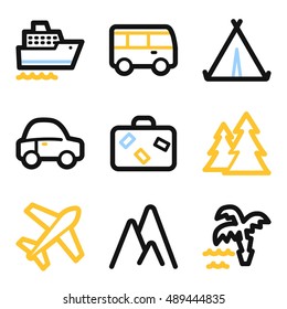 Iconos móviles vectoriales de vacaciones y transporte, símbolos de infografía turística.