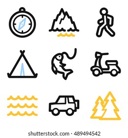 Iconos móviles vectoriales de vacaciones y transporte, símbolos de infografía turística.