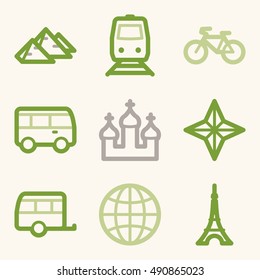 Iconos móviles vectoriales de vacaciones y transporte, símbolos de infografía turística.