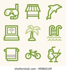 Iconos móviles vectoriales de vacaciones y transporte, símbolos de infografía turística.