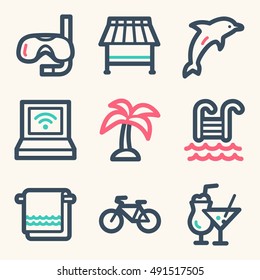 Iconos móviles vectoriales de vacaciones y transporte, símbolos de infografía turística.