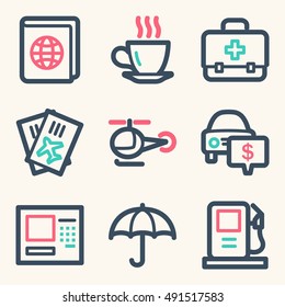 Vacation and transport vector mobile icons, tour infographics symbols.
