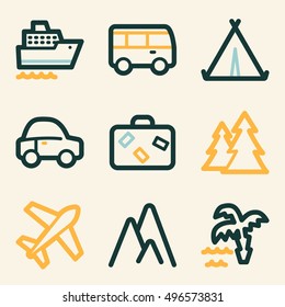 Iconos móviles vectoriales de vacaciones y transporte, símbolos de infografía turística.