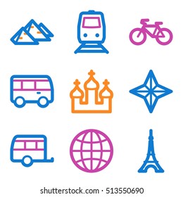 Reise- und Transportvektorsymbole für mobile Icons, Tourinfografiesymbole.