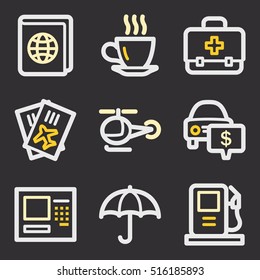 Iconos móviles vectoriales de vacaciones y transporte, símbolos de infografía turística.