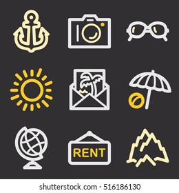 Iconos móviles vectoriales de vacaciones y transporte, símbolos de infografía turística.