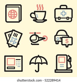 Iconos móviles vectoriales de vacaciones y transporte, símbolos de infografía turística.