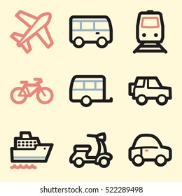 Iconos móviles vectoriales de vacaciones y transporte, símbolos de infografía turística.