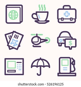Reise- und Transportvektorsymbole für mobile Icons, Tourinfografiesymbole.