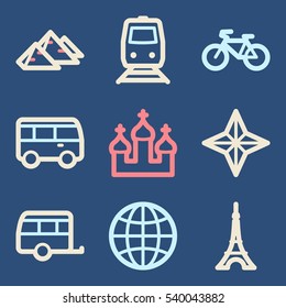 Iconos móviles vectoriales de vacaciones y transporte, símbolos de infografía turística.