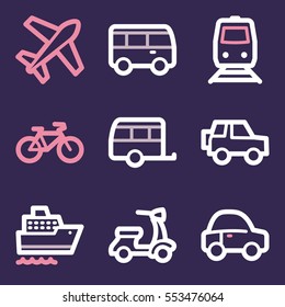 Iconos móviles vectoriales de vacaciones y transporte, símbolos de infografía turística.