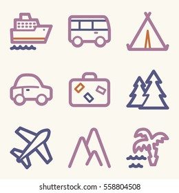 Reise- und Transportvektorsymbole für mobile Icons, Tourinfografiesymbole.