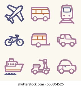 Iconos móviles vectoriales de vacaciones y transporte, símbolos de infografía turística.