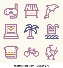 Iconos móviles vectoriales de vacaciones y transporte, símbolos de infografía turística.