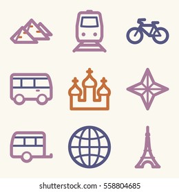 Iconos móviles vectoriales de vacaciones y transporte, símbolos de infografía turística.