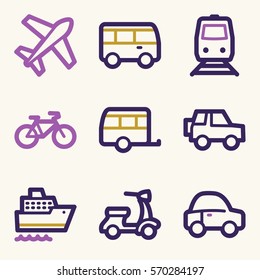 Iconos móviles vectoriales de vacaciones y transporte, símbolos de infografía turística.