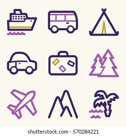 Iconos móviles vectoriales de vacaciones y transporte, símbolos de infografía turística.