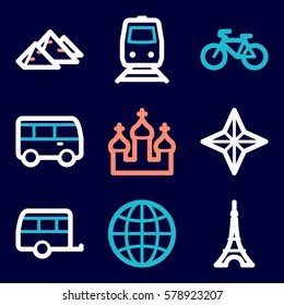 Iconos móviles vectoriales de vacaciones y transporte, símbolos de infografía turística.