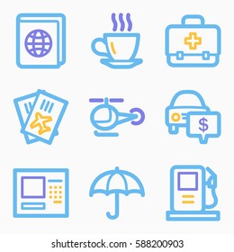 Iconos móviles vectoriales de vacaciones y transporte, símbolos de infografía turística.