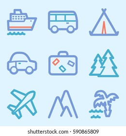 Iconos móviles vectoriales de vacaciones y transporte, símbolos de infografía turística.
