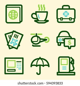 Iconos móviles vectoriales de vacaciones y transporte, símbolos de infografía turística.