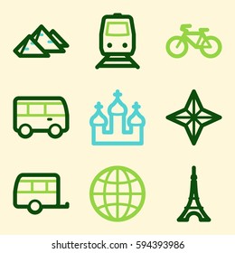 Iconos móviles vectoriales de vacaciones y transporte, símbolos de infografía turística.
