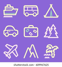 Iconos móviles vectoriales de vacaciones y transporte, símbolos de infografía turística.