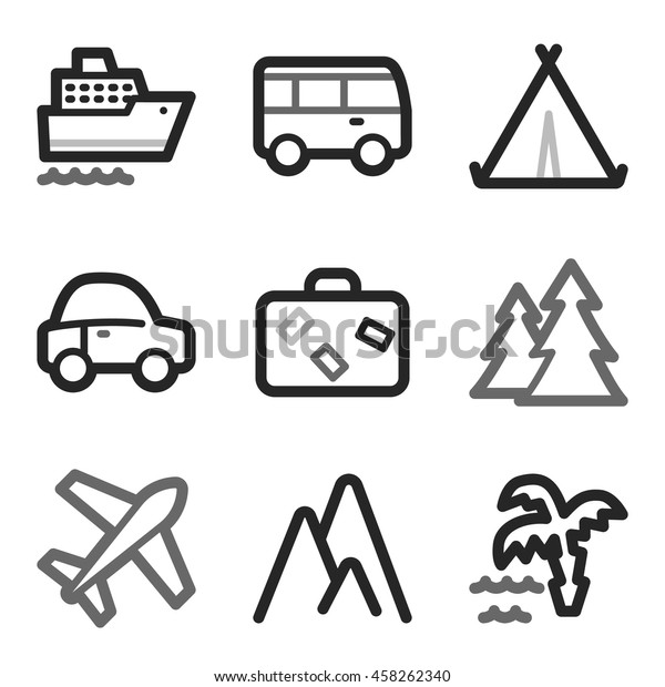 Vacation and transport vector mobile icons, tour\
infographics symbols.