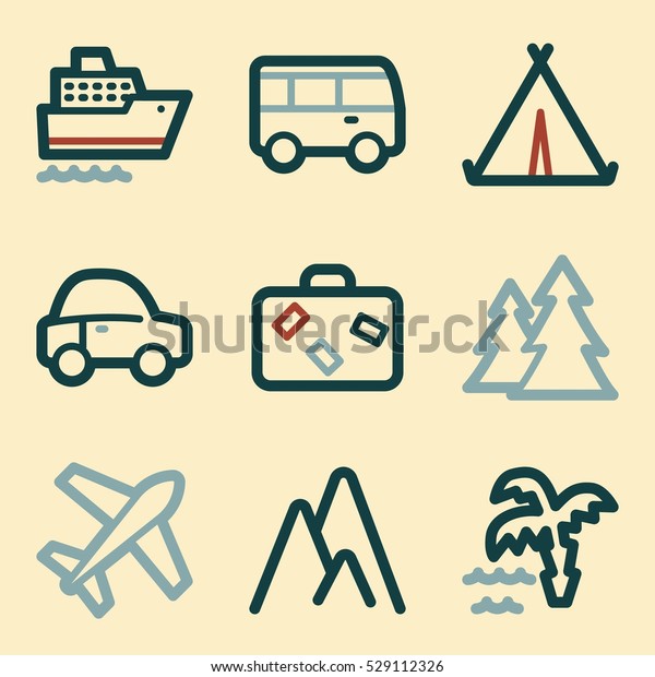Vacation and transport vector mobile icons, tour\
infographics symbols.