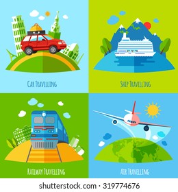 Vacation travel 4 flat icons square with ship rail aviation and land transport abstract isolated vector illustration