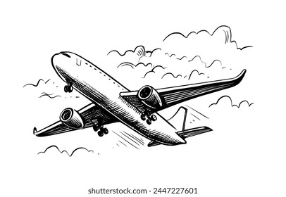 Vacation Travel Airplane. Plane in sky drawing Hand drawn sketch