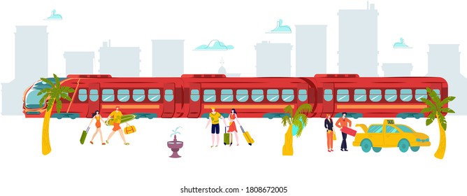 Vacation travel around world train, hot tour tourist, peregrinate world, baggage , design, cartoon style vector illustration. summer vacation tourism, furlough theme, object route location, outdoors.